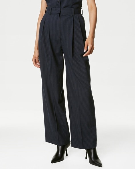 Navy Pinstripe Trousers by Dries Van Noten on Sale