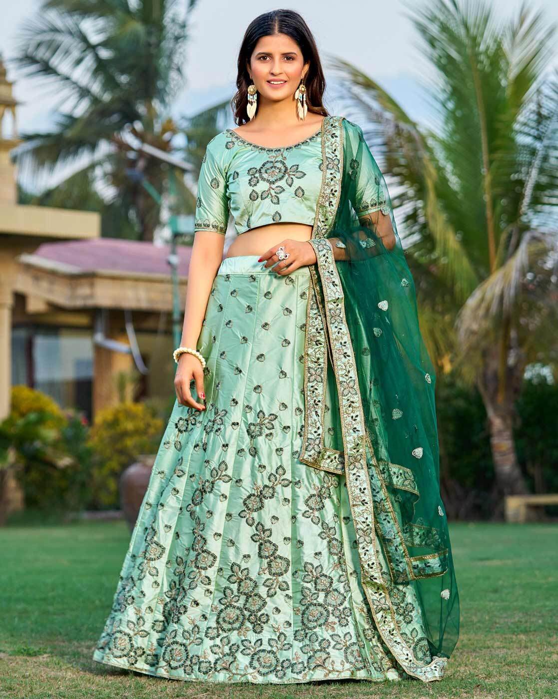 Shop Stunning Sea Green and Blue Belted Designer Lehenga Online in USA –  Pure Elegance