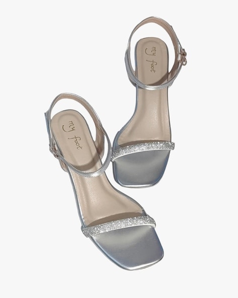 Carnation Silver Low Block Heel Triple Diamante Front Strap Sandals by  Linzi | Look Again