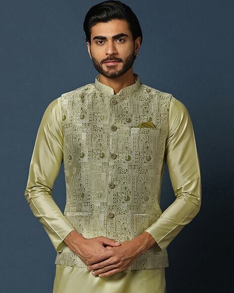 KISAH Mandarin Collar Kurta With Trouser & Printed Nehru Jacket - Price  History