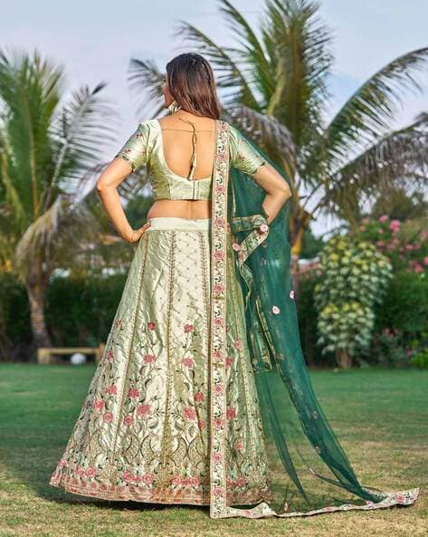 green embroidered net lehenga-choli with dupatta - AngelTrends - 3679916