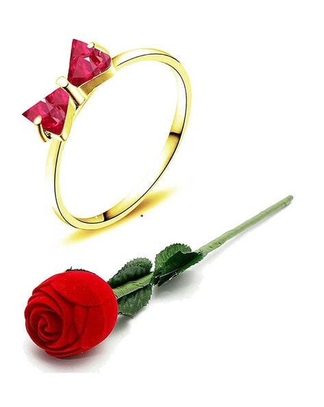 Forever Yours Womens Romantic 18K Gold-Plated Ring Adorned With White Topaz  Accents & Features A Sculpted Red Rose Inside A Heart Set With 12 Rubies