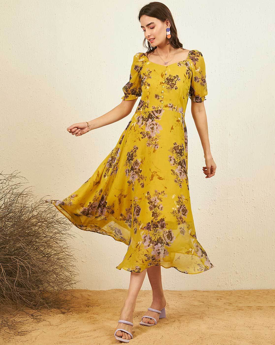 CURVE Yellow Floral Print Midi Dress