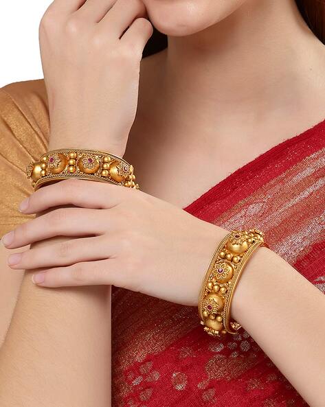 Rose Gold Bracelet - Broad Bracelet in Rose Gold Polish and White Stones -  Sabah Stone Bangle Bracelet by Blingvine