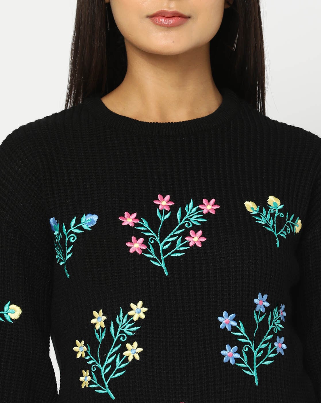 Black sweater outlet with embroidered flowers