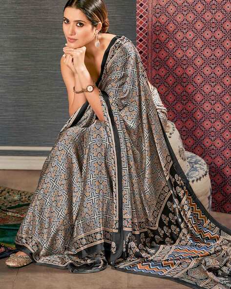 Multi Hued Satin Ajrakh Printed Silk Saree | Singhania's