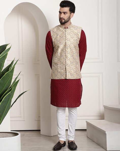 Men's Jacquard Red Silk Nehru Jacket - Even Apparels | Nehru jackets,  Jackets, Red silk