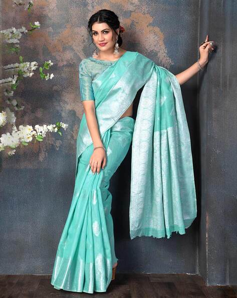 Aqua Blue Pure Satin Silk Handwoven Wedding Festival Classic Style Saree