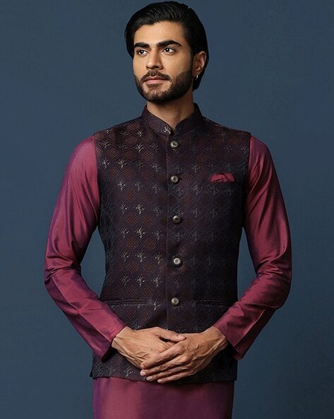 Maroon plain velvet nehru-jacket - Veera Paridhaan - 3603926