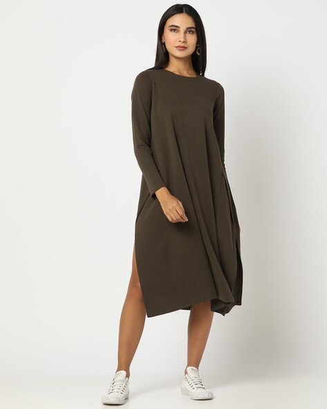 Round-Neck Shift Dress with Side Slits