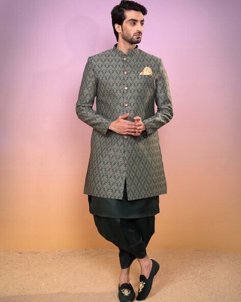 Stunning Blue Embroidered Art SIlk Wedding Wear Sherwani Set