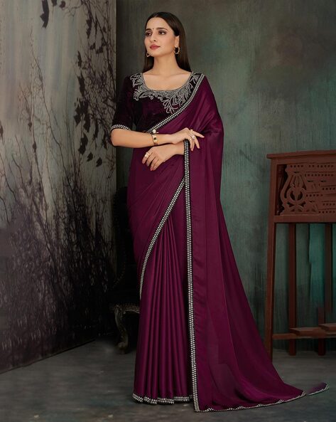 Embroidered Border Satin Georgette Saree in Magenta : SFVA1631