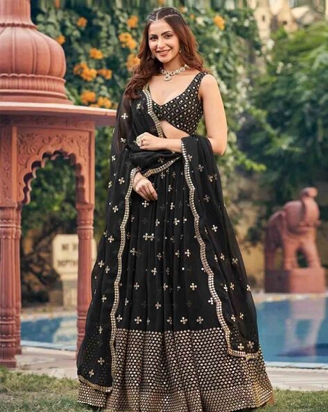 Ready Made Online Plain A-Line Silk Black Lehenga LLCV113124