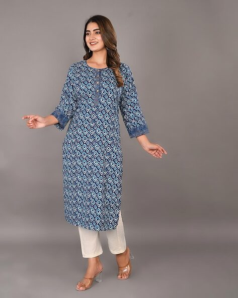 Hand Block Print V Neck Kurta Set Indigo Kurti & Ikat Pants Indian Salwar  Kameez Kurti Tunic Set for Women Blue Kurta Ikat Pants Set - Etsy