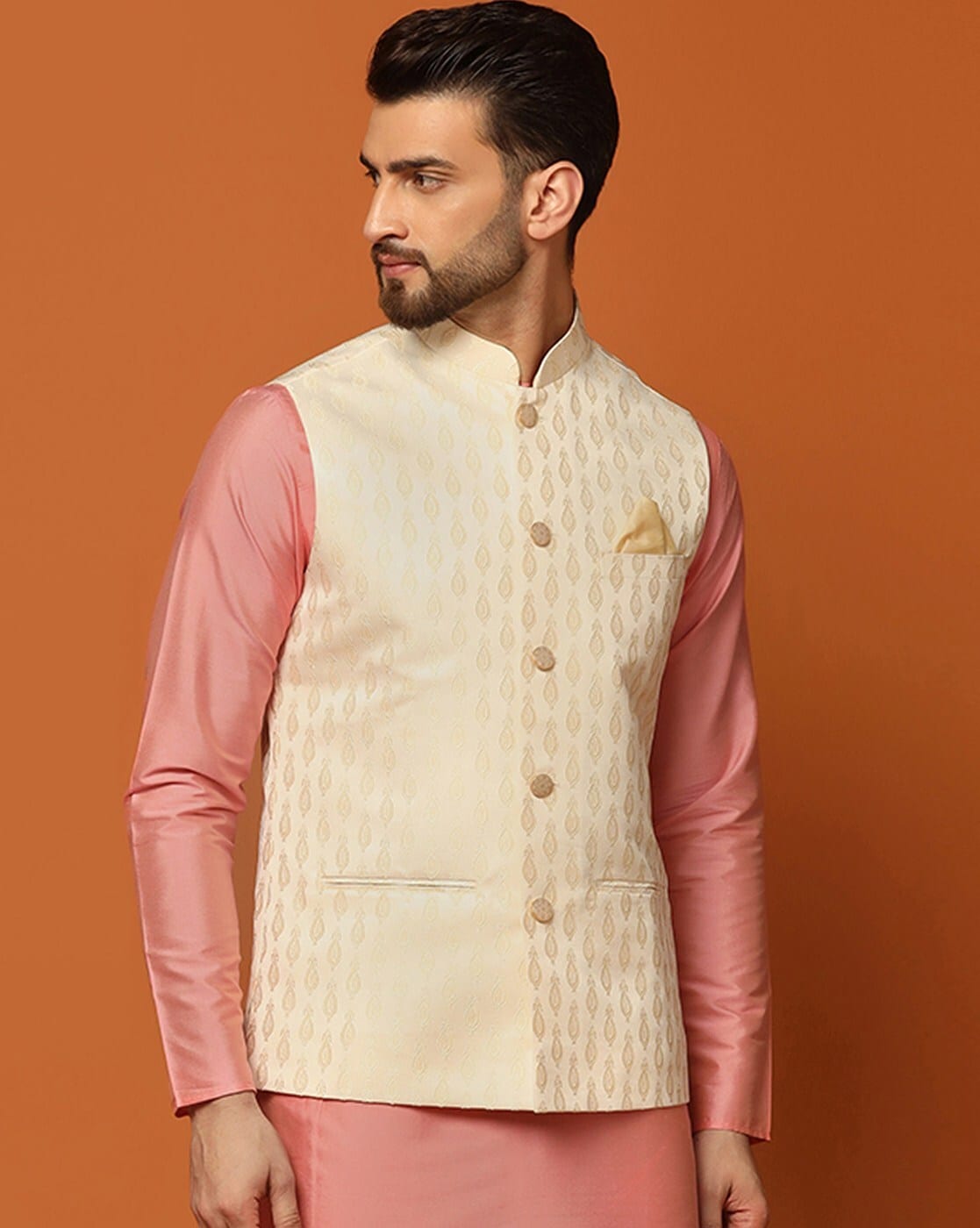 Embroidered Art Silk Nehru Jacket in Cream : MLY1673