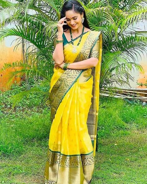 Designer Yellow Saree with contrast Leheriya Blouse - Rana's by Kshitija