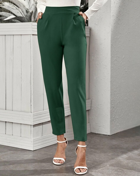 CHEER PAT Cotton Flex Stretchble Slim Fit Regular Casual Cigarette Pant  Trouser for Girls/Ladies/Women (Dark Green)