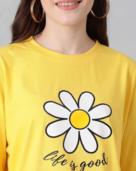 Women's Graphic Print T-Shirt - Funny Cattle Flower Design, Soft Casual Summer Top, Yellow, X-Large - View #12