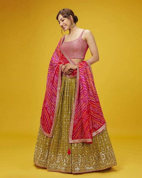 DIVASTRI Mustard & Pink Woven Design Semi-Stitched Lehenga & Unstitched  Blouse with Dupatta - Absolutely Desi