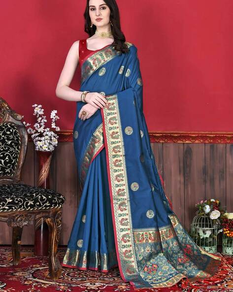 Buy Fashion Basket Women's Silk Navy Blue Saree With Blouse Piece at  Amazon.in