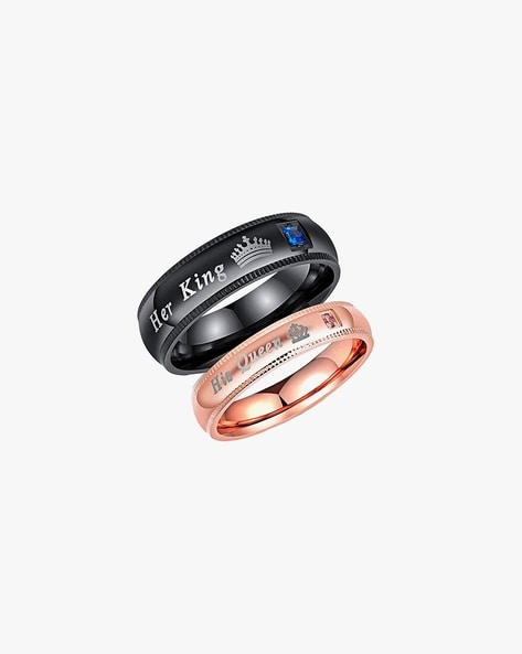 Couple Rings Womens Black Stainless Steel 3 Stone Round CZ Wedding Ring  Mens Two Tone Band Size W9M9 - Walmart.com