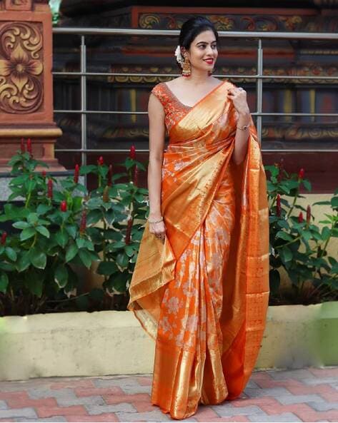 Buy Mimosa Orange Floral Print Art Silk Kanjivaram Saree With Blouse for  Women's Online @ Tata CLiQ