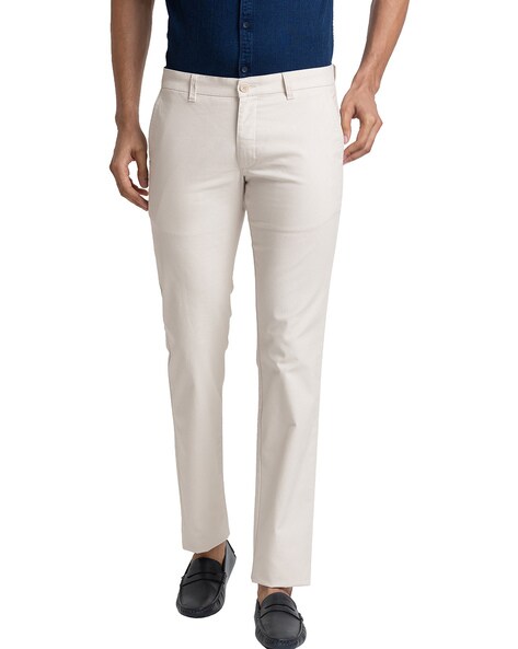 parx beige flat front tapered fit flat front trousers with insert pockets