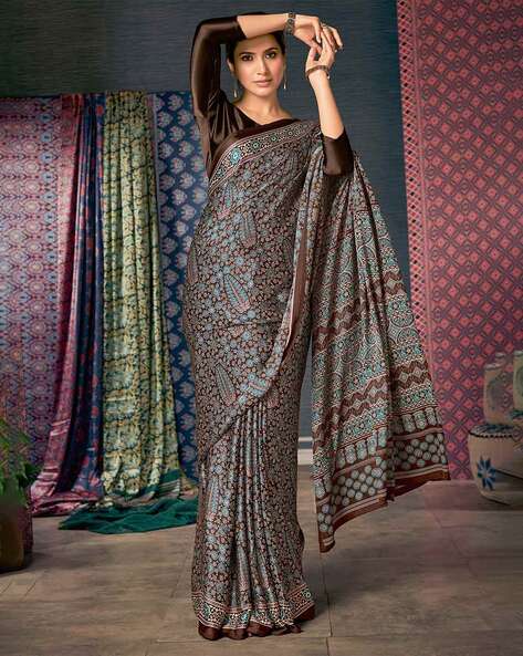 SIAZ LOOM - Modal Silk Saree Ajrakh Natural Dye Handblock Print - Brown -  Siaz Loom