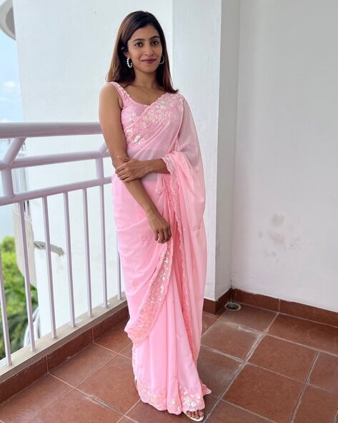 Baby Pink Heavy Designer Georgette Saree – Yes We Shop