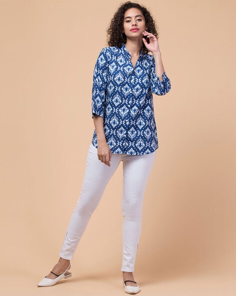 Women's Cotton Ikat Printed Regular Wear Tops Casual Blue T-shirt Blouse  Top 