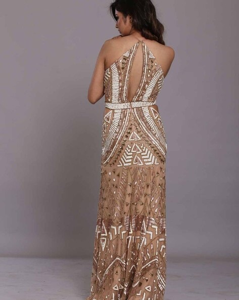 LB2025 ROSE GOLD SLEEVELESS SEQUINS GOWN - Luxette Boutique