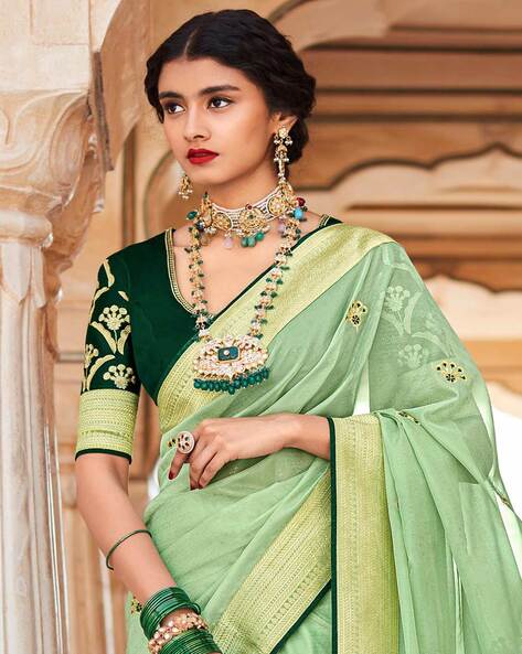 Pista Green Designer Dola Silk Saree With Embroidered Blouse