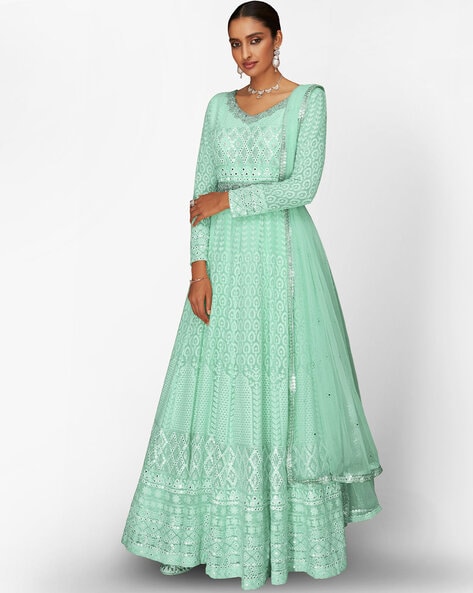 Embroidered 3-Piece Semi-Stitched Anarkali Dress Material Price in India