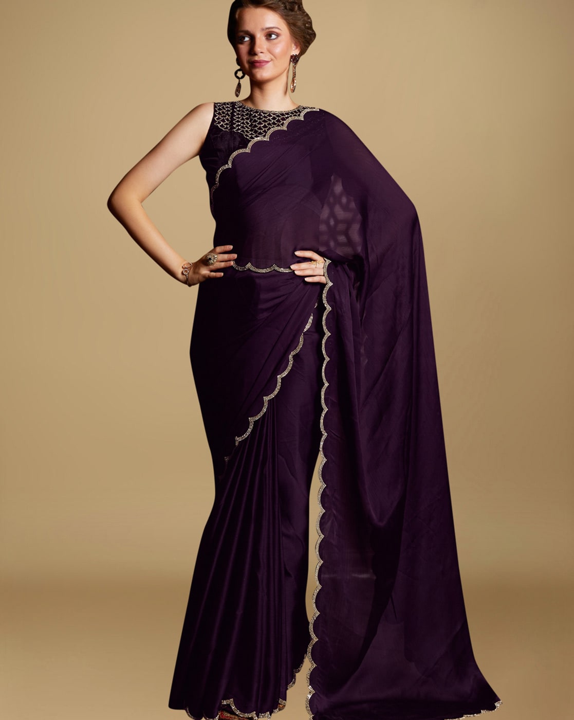 What colour and type of blouse should I wear with plain purple satin saree?  - Quora