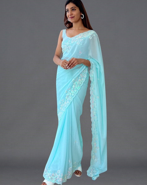 Sky Blue Floral Print Georgette Saree – Designer Pithi