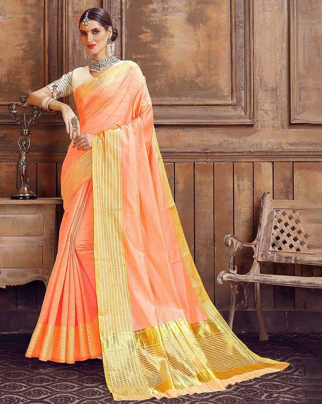 Swtantra Blush Peach Organza Woven Saree With Blouse