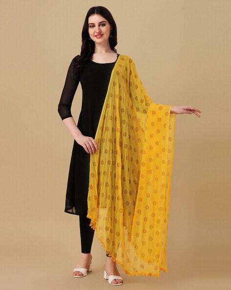 Floral Print Dupatta with Pom-Pom Lace Price in India