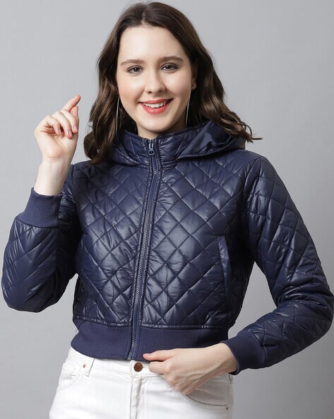 Buy Tommy Hilfiger Women Navy Blue High Neck Solid Quilted Jacket -  NNNOW.com