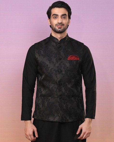 Floral printed nehru jacket with white kurta and pyjama - set of 3 by The  Weave Story | The Secret Label