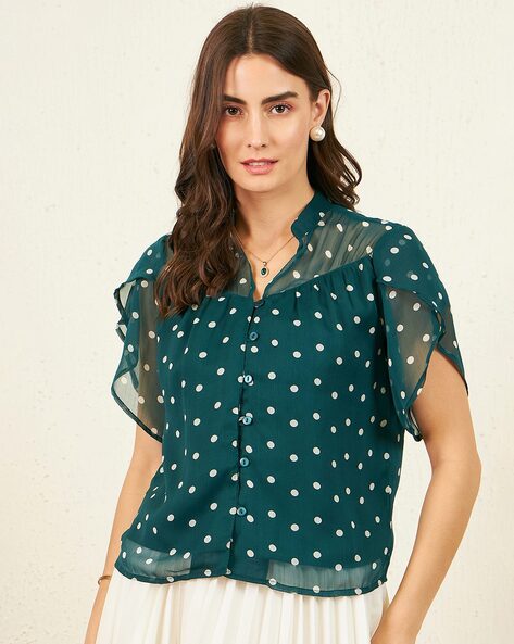 Polka-Dot Print V-Neck Top