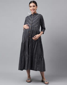 negen Striped Fit & Flare Dress with Feeding Zipper-picture-11