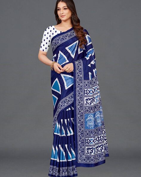 Dabu Printed Chanderi Cotton Saree in Blue : SUF10379