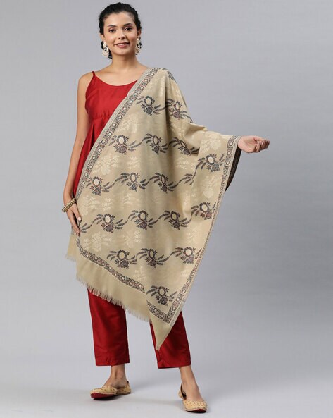 Floral Woven Stole with Tasseled Border Price in India
