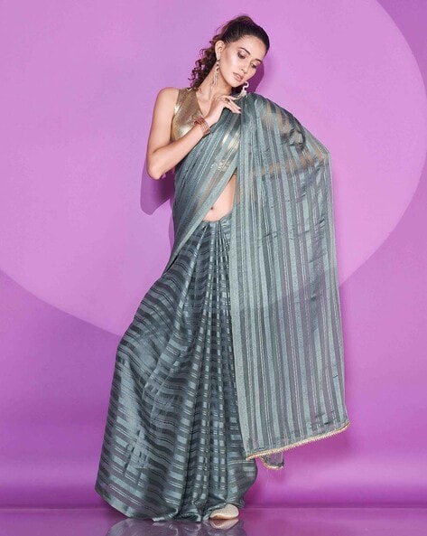 Buy Tikhi Imli Gunmetal-Toned Striped Saree - Sarees for Women 18709036