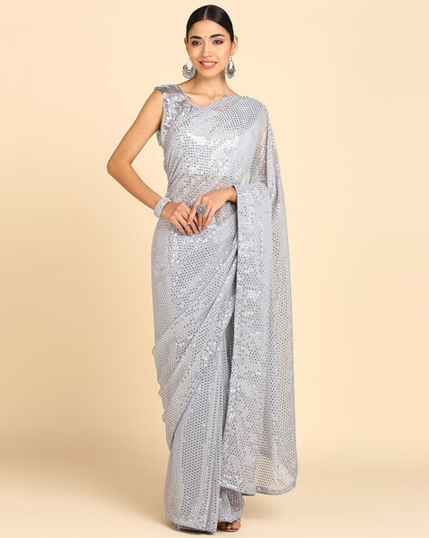 Buy Grey Banarasi Cotton Silk Woven Quatrefoil Motif Silver Zari Saree For  Women by Nazaakat by Samara Singh Online at Aza Fashions.