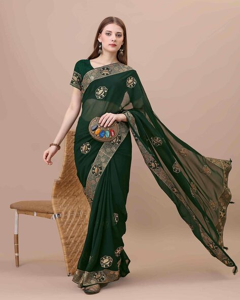 Dark Green Embroidered Georgette Saree