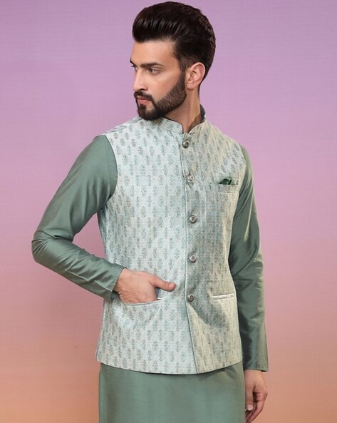 Olive green nehru jacket set - KALP - 4157416