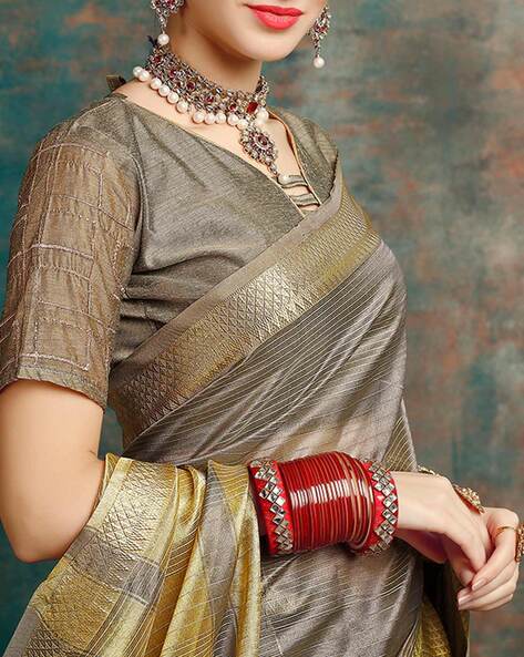 Grey Gold Chiffon Saree With Lace & Pendant on Ends – Swtantra