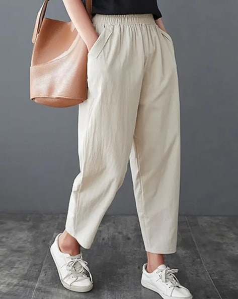 Mid-Rise Loose Fit Trousers with Elasticated Waist