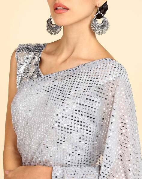 Sequinned Georgette Saree in Silver : SJN7572